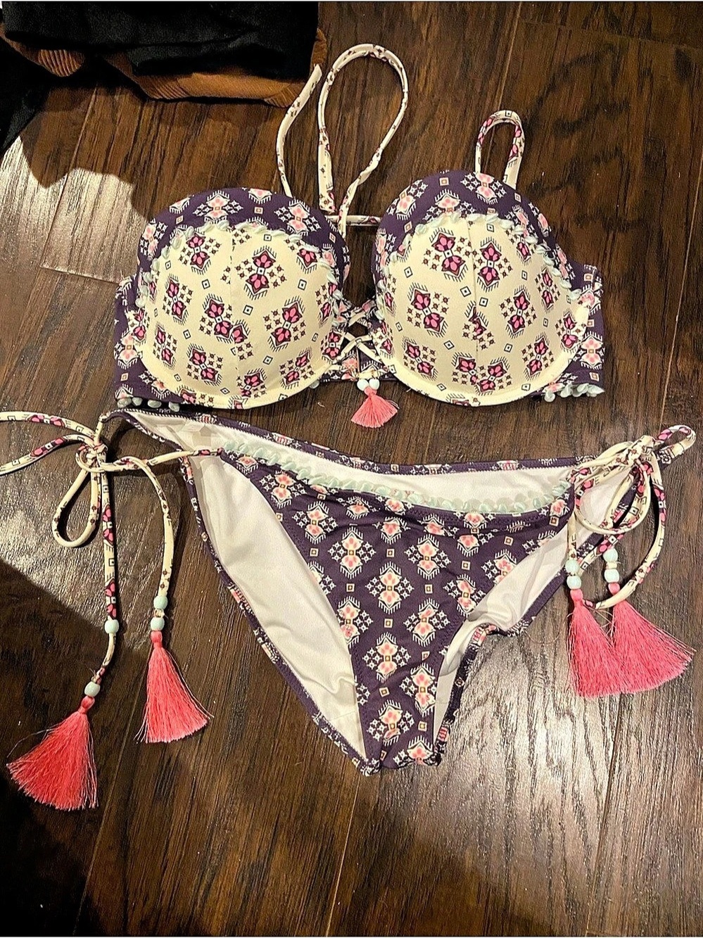 Vintage Victoria's Secret Boho Geo Push-Up Bikini Top and Teeny Bikini Bottom Se
